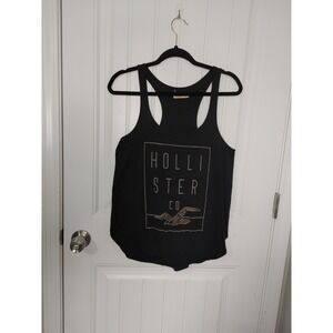 Hollister Tank Top Womens Med Black Graphic Logo Preppy Racerback Shirt Surf Y2K